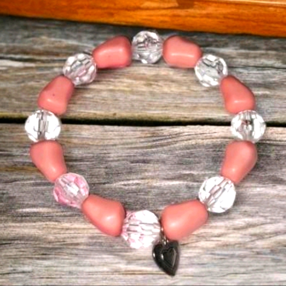 Peach and clear handmade Beaded Bracelet with heart charm